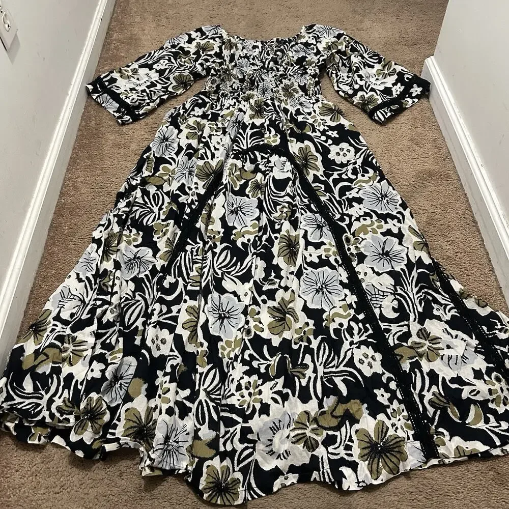 Free People Printed Dixie V Neck 3/4 Sleeve Maxi Dress Size Medium Boho